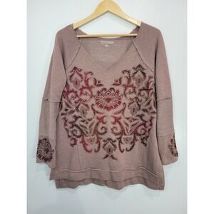 Soft Surroundings V Neck Sweatshirt Floral Print Mauve Rose Brown Size Medium